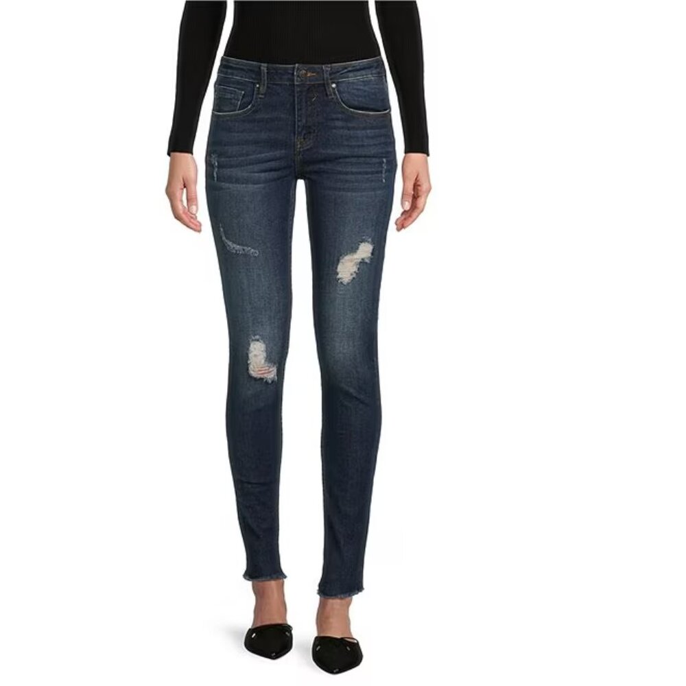 NEW Vigoss Jagger Mid Rise Destructed Frayed Cutoff Cut Off Hem Skinny Jeans 2